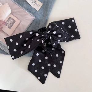 Vintage black and white polka dot bow hair claw clip with long elegant ribbons