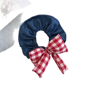Retro denim hair scrunchie with red and white checkered bow tie accessory