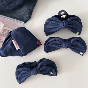 Vintage Dark Blue Denim Bow Hair Claw Clip Sweet Handmade Fabric Banana Clip For Women Girls Hair Accessories