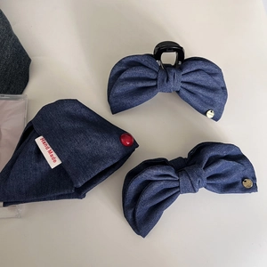 Vintage blue denim bow hair clip set with banana clip and ponytail claw accessory
