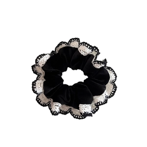 Elegant black velvet scrunchie with white lace trim and vintage French style for women