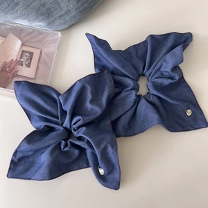 Vintage Denim Blue Scrunchie With Gold Metal Charm Large Fabric Hair Ring For Women Lazy Low Ponytail Hair Tie Accessories