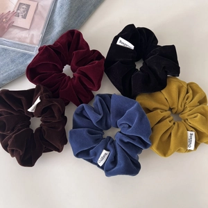 Five-piece vintage velvet scrunchie set in deep red black blue yellow and brown