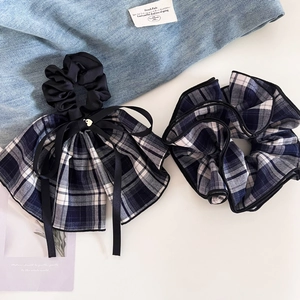 Vintage navy plaid scrunchie set with bow and heart charm for elegant ponytail styles
