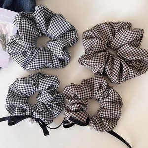 Korean Style Houndstooth Plaid Hair Scrunchies Vintage Fabric Hair Ties With Bow Ribbon Faux Artificial Pearl Women Hair Accessories