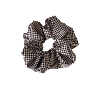 Chic brown and white checkered plaid scrunchie for women with a vintage cotton texture