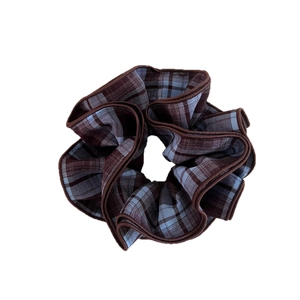 Retro plaid oversized scrunchie with blue and brown checkered pattern for ponytails