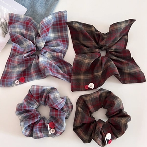 Vintage Plaid Scrunchie With Decorative Buttons Sweet Korean Style Scarf Hair Tie Retro Patterned Fabric Hair Accessory For Women