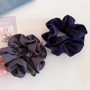 Grey and navy blue heart pattern scrunchie set with red ruffle edges for women