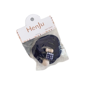 3-piece set of sweet elastic hair bands in navy blue with checkered charm and beads