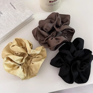 Chouchou Plissé en Satin à Double Couche Style Français Élégant pour Femmes Accessoires de Coiffure Élastiques Couleur Unie