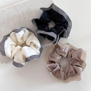 Three-piece checkered satin hair scrunchies set in cream, black and coffee brown colors