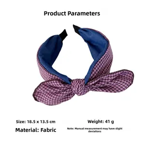 Detailed view of purple houndstooth bow headband with 18.5x13.5cm size specifications