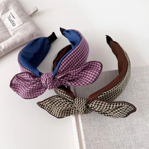 Vintage Houndstooth Plaid Bow Headband Wide Fabric Hairband Retro Knot Hair Accessories For Women Fashion Headwear Gift