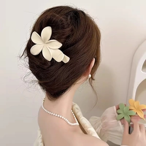 Detailansicht matter Blumen-Haarspangen in Creme, Gelb und Grün im Haar des Models