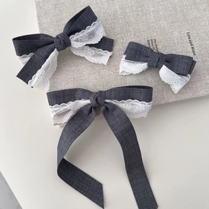 Elegant Grey Bow Hair Clip For Women Lace Stitching Ribbon Hairpins Duckbill Clip Sweet Vintage Hair Accessories Headwear