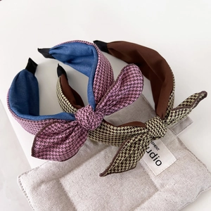 Vintage houndstooth plaid wide headband with decorative bow tie knots for women