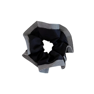 Minimalist black satin hair scrunchie with plaid trim and high elasticity for women