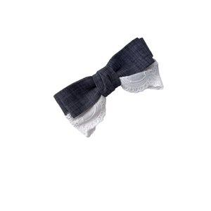 Elegant dark grey fabric bow hair clip with white lace trim for women daily styling