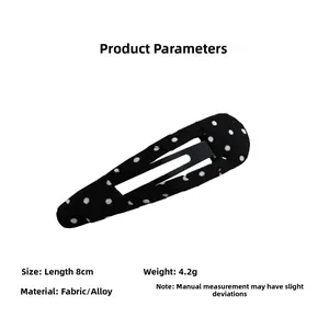 Polka dot cloud fabric hair clip with dimensions 8cm and weight 4.2g details