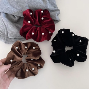 Vintage velvet hair scrunchies set with pearls in black burgundy and coffee colors