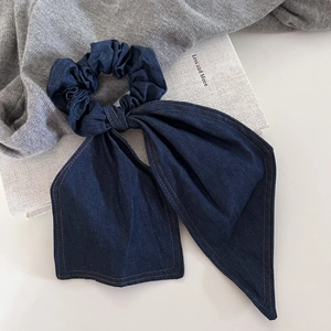 Large Denim Bow Scrunchie With Long Ribbons Versatile Lazy Style Handmade Fabric Hair Tie Accessories For Women