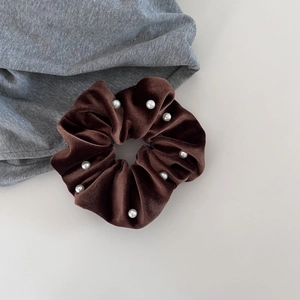 Elegant coffee brown velvet scrunchie with white pearls for a French vintage hairstyle