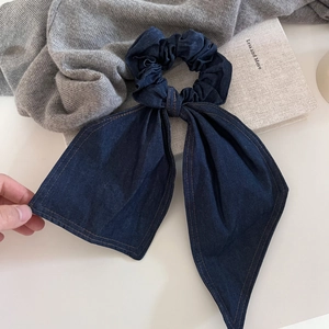 Navy blue denim bow scrunchie with yellow stitching for elegant women hairstyles
