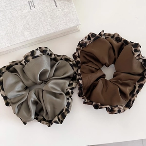 Retro satin leopard print ruffled scrunchies set for elegant hair styling for women