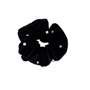 Elegant black velvet scrunchie with faux pearls for French style hairstyles