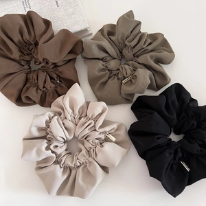 Elegant oversized hair scrunchies in coffee tones with gold metal tag handmade set