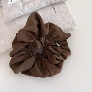 Elegant coffee brown large fabric scrunchie with handmade metal tag for women