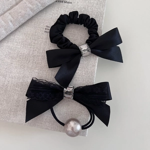 French Style Black Bow Hair Tie Rhinestone Artificial Pearl Scrunchie Elegant Lace Ponytail Holder Fashion Hair Accessories For Women
