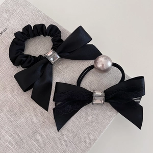 French black satin bow hair scrunchies with rhinestones, lace, and pearls for ponytail