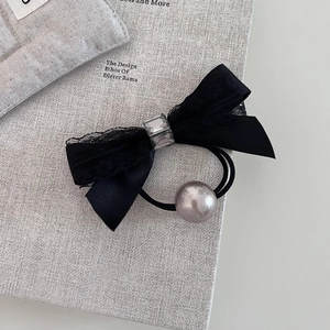 French style black lace bow hair tie with crystal rhinestones and grey pearl charm