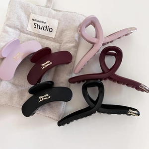 Detailed close-up of matte burgundy hair claws with elegant golden French lettering