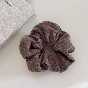 Oatmeal grey knitted wool hair scrunchie with soft textured fabric for women
