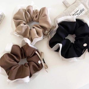 Scrunchie con Fiocco Stile Francese per Donna Doppio Strato Organza Tessuto Elastici per Capelli con Ciondolo in Metallo