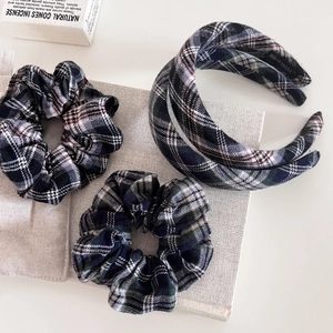 Handmade vintage plaid hair accessories set with headbands and scrunchies in dark navy