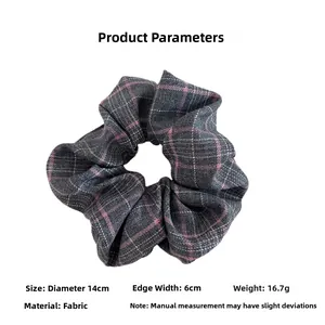 Detailed size specifications for the pink and grey plaid fabric hair scrunchie accessory