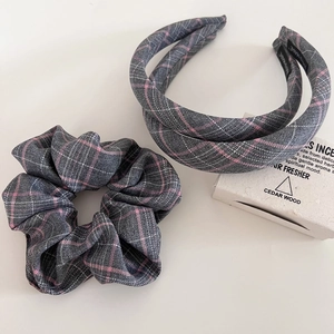 Pink and grey plaid fabric headband set including scrunchie and padded hair hoops