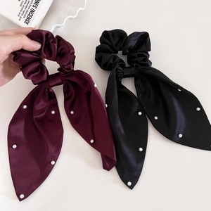French Style Satin Bow Scrunchie With Artificial Pearl Long Ribbon Elegant Hair Tie For Women Vintage Burgundy Black Hair Accessory