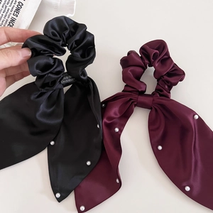 Elegant satin scrunchie with long ribbons and white pearls in black and burgundy red