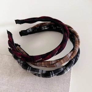 Vintage Plaid Fabric Twisted Headband With Rhinestones For Women Preppy Style Hair Band Retro Grid Pattern Hair Accessories