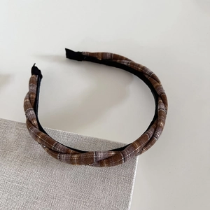 Vintage brown plaid twisted headband with rhinestone accents and preppy style for women