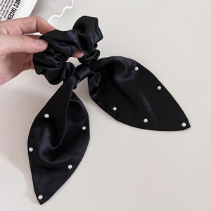 Elegant French style black satin bow scrunchie with pearls and long ribbon tails