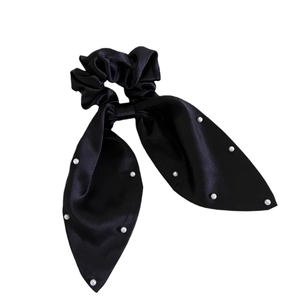 Elegant black satin hair scrunchie with long bunny ears and white pearl accents