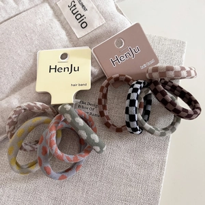 Minimalist checkered and heart pattern elastic hair ties in a soft knit fabric set