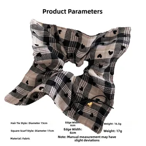 Detailed size chart for plaid fabric scrunchie with heart patterns and gold pendant