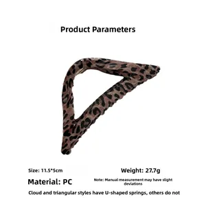 Detail showing 11.5cm leopard print shark hair clip with a robust U-shaped spring